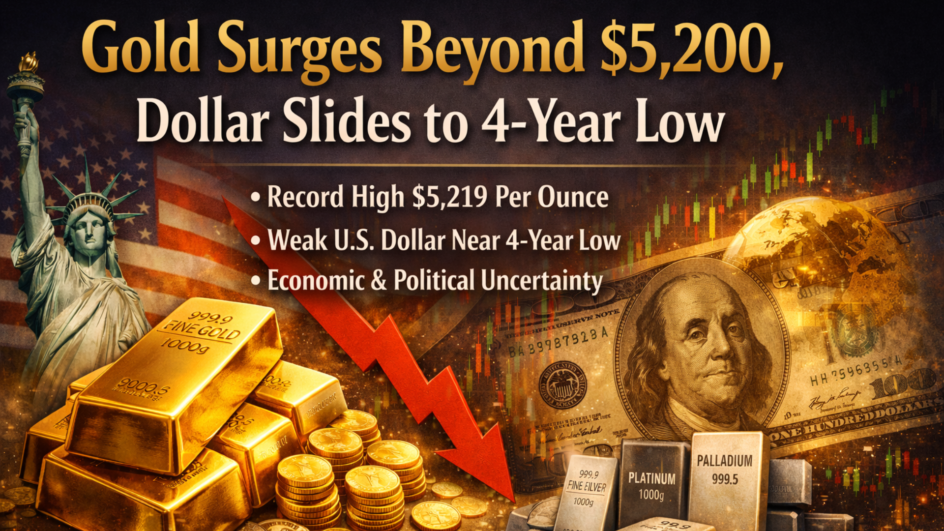 Gold Surges Beyond $5,200, Dollar Slides to 4-Year Low